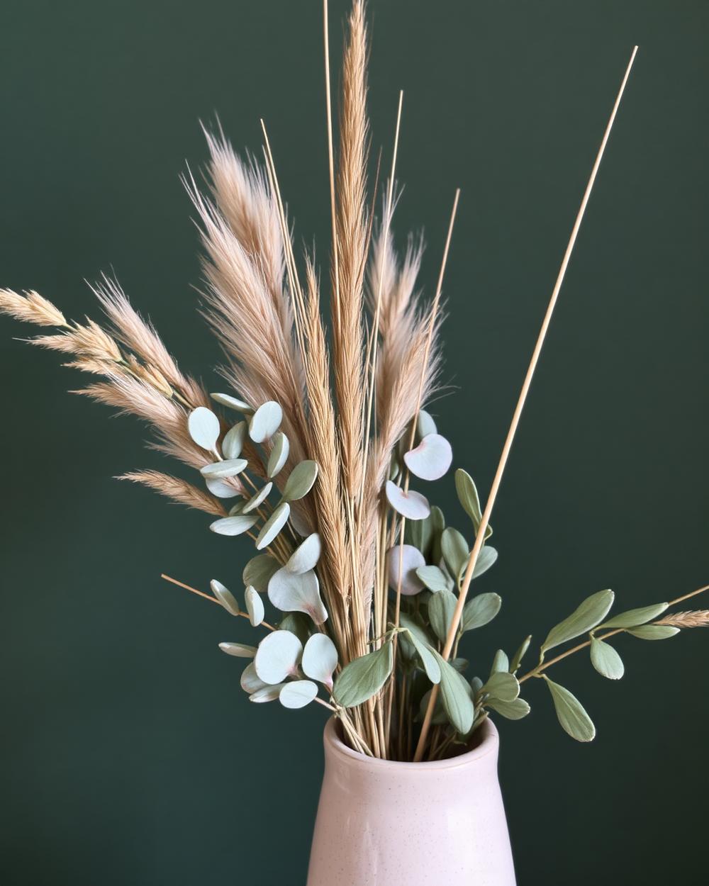 Detail of eucalyptus and dried grasses in a stoneware vase by Larkspur & Co, Edinburgh florist