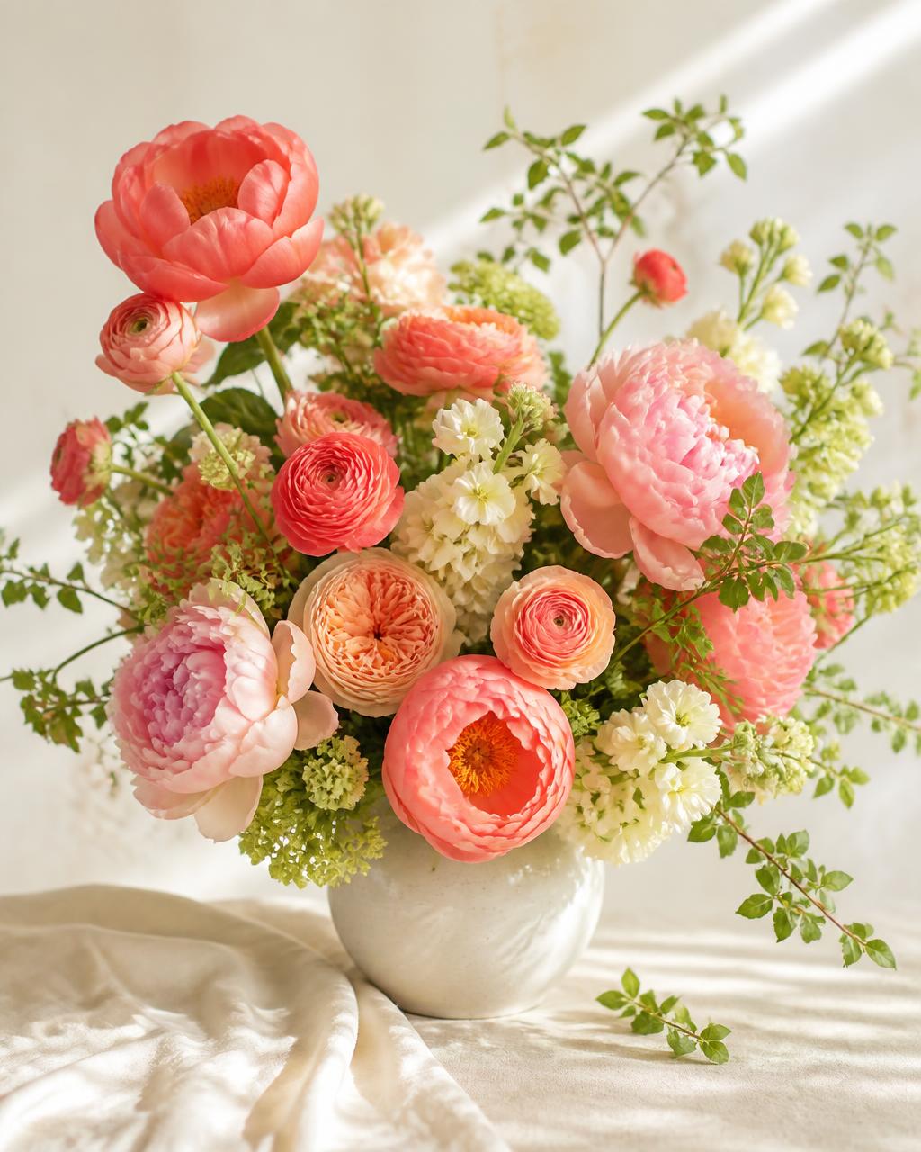 Hand-tied seasonal bouquet in kraft paper on a wooden bench at Larkspur & Co, Edinburgh florist