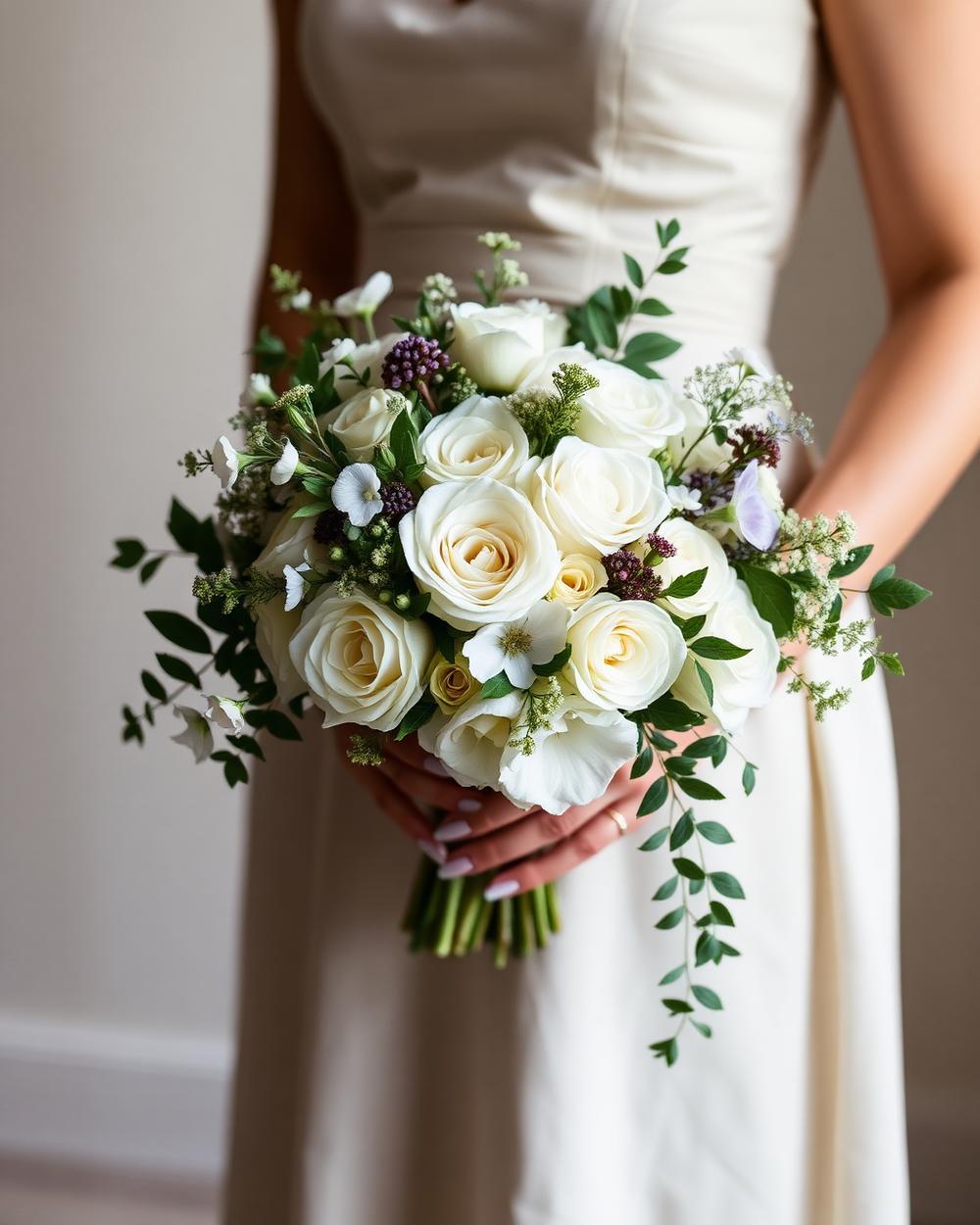 Bridal bouquet of white roses and seasonal British flowers by Larkspur & Co, Edinburgh florist